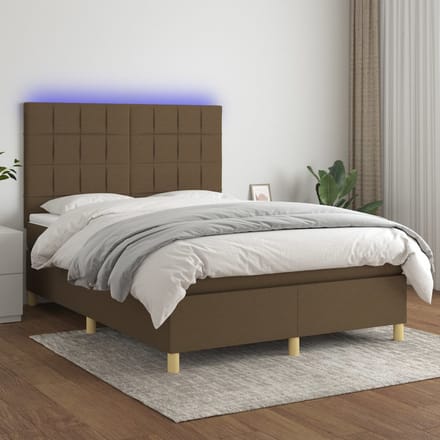 vidaXL - Boxspring - met - matras - en - LED - stof - donkerbruin - 140x190 - cm