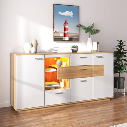 Modern Sideboard 160x40x77cm – Witte Kast met LED Verlichting, 2 Deuren, 4 Laden en Glazen Plank