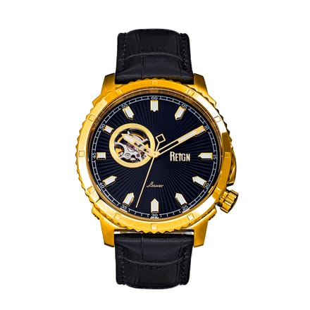 Reign Bauer automatisch semi-skelet lederen band horloge