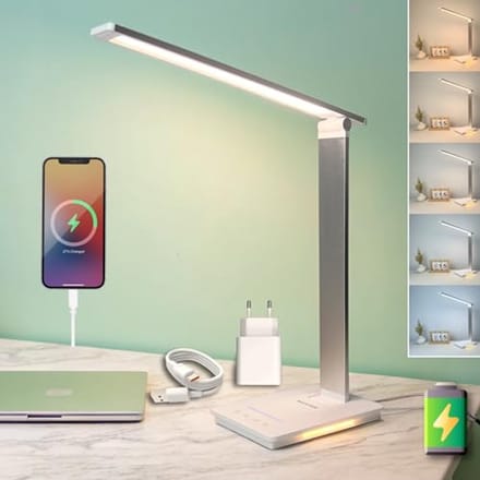 Draadloze LED Bureaulamp met Oplaadbare Batterij, 6 Helderheids- en Kleurniveaus, Timer en USB-poort