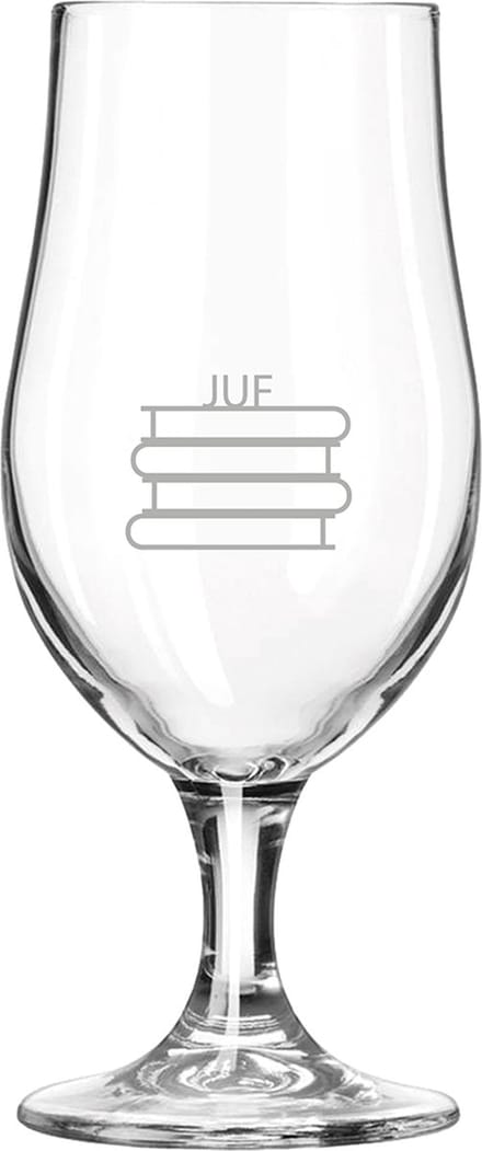 Gegraveerde bierglas op voet 49cl Juf met boeken