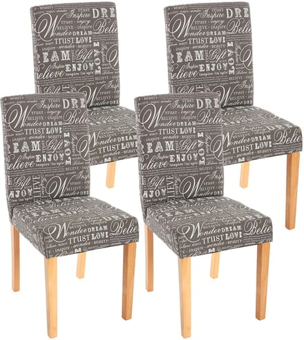 Set van 4 eetkamerstoelen Keukenstoel Littau ~ textiel met belettering, grijs, lichte poten