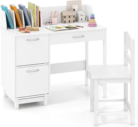 Kinderbureau met Stoel - Bureau Set - Leren en Knutselen - Grote Opbergruimte - 86 x 42 cm - Wit