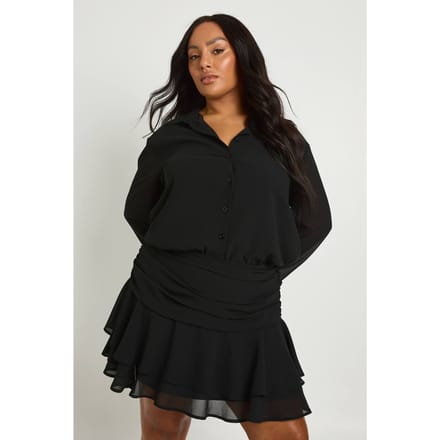boohoo Dames Plus Ruche Mini Rok Shirtjurk | Zwart | Maat: 46