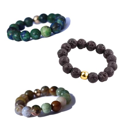 Bixorp Gems Edelstenen Ringen Set Azuriet + Lavasteen + Indiaanse Agaat - Kralenring