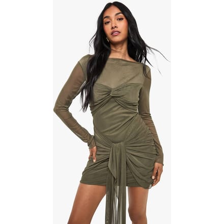boohoo Dames Mini-jurk met mesh ruched twistdetail | Khaki | Maat: 8
