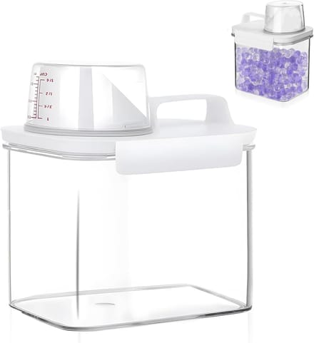 Famanu – Wasmiddel opbergbox met maatbeker, 1100 ml luchtdichte waspoedercontainer voor wasruimte