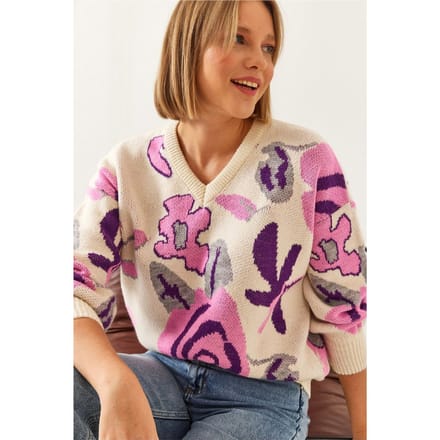 Relaxed Fit V-Hals Bloemen Brei Trui