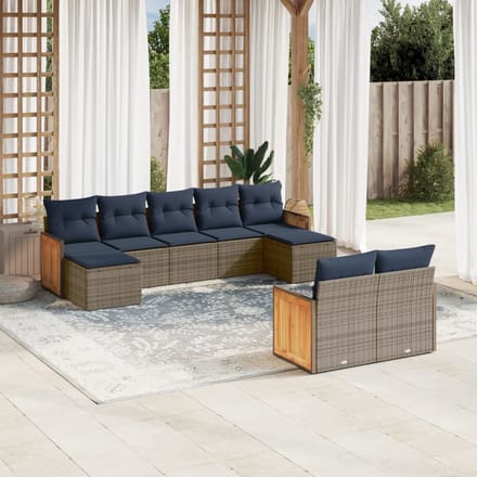 vidaXL - 9-delige - tuinbankset - met - kussens, - grijs - polyrotan