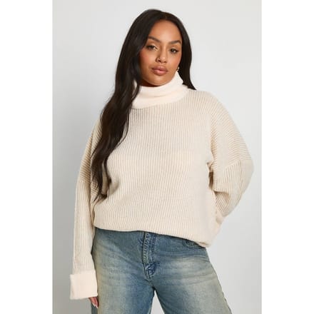 boohoo Dames Plus Roll Neck Longline Batwing Trui | Cream | Maat: 16-18