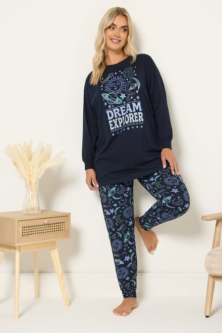 Yours Marineblauwe 'Dream Explorer' Pyjamaset Met Manchetten Size 62-64