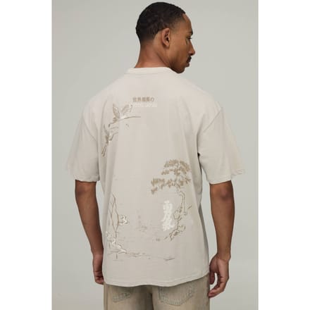 Steenkleurig Oversized T-shirt Met Multi-placement Print | Stone | Size XS