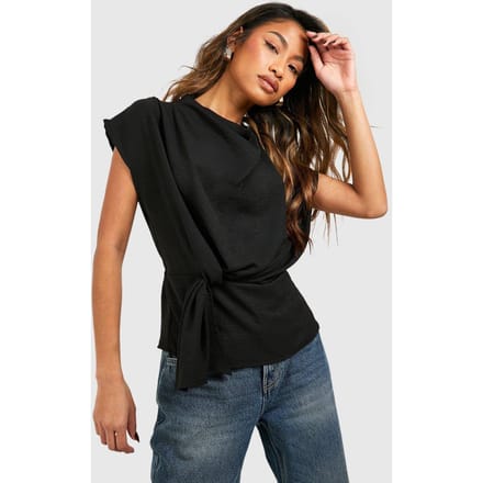 boohoo Dames Gehamerde Knot Front Cowl Neck Blouse | Zwart | Maat: 36