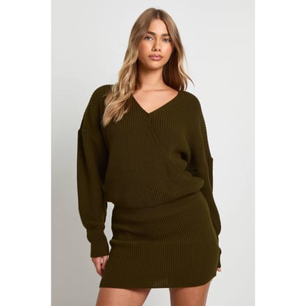 boohoo Dames Gebreide mini-jurk met wikkelvoorkant | Khaki | Maat: Small