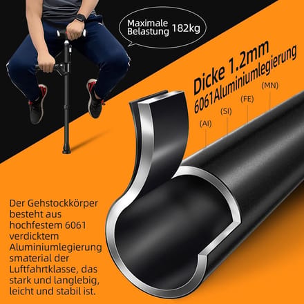 Verstelbare wandelstok - Dubbele greep - Extra ondersteuning - Ingebouwd ledlicht - 74-96 cm - Zwart