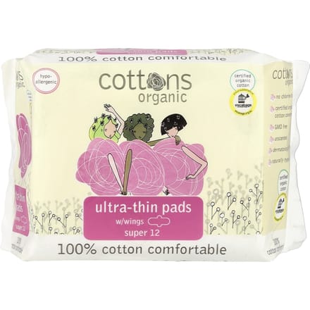 Katoen, 100% natuurlijk katoenen toplaag, ultradunne pad met vleugels, super, 12 pads white
