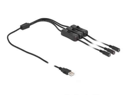 USB-A - 3x DC plug splitter | 5,5 x 2,1mm | max. 5V/3A (15W) | schakelaars | zwart | 1 meter