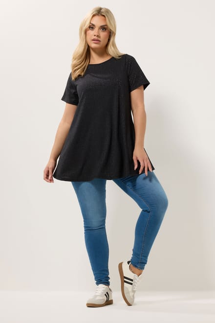 Yours Zwarte Glanzende Geribbelde Top Size 44