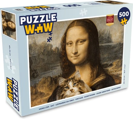 Puzzel Mona Lisa - Kat - Leonardo da Vinci - Vintage - Kunstwerk - Oude meesters - Schilderij - Legpuzzel - Puzzel 500 stukjes