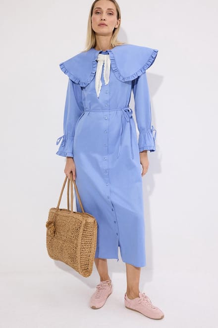 Touché Privé - Blousejurk met ruches en brede kraag - Blauw - Dames