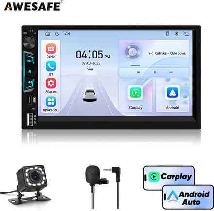 Awesafe Carplay 7 Inch Universele 2DIN Scherm autoradio - Draadloos Android Auto - Microfoon - Touchscreen - FM Radio - Bluetooth - HD Achteruitrijcamera - EQ - TypeC / USB