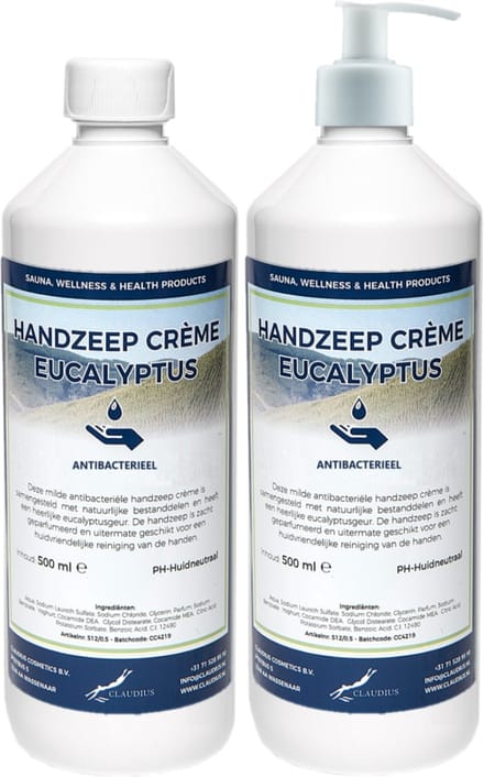 Handzeep Crème Eucalyptus 500 ml - set van 2 stuks - met gratis pomp - Voordeelverpakking