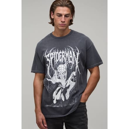 Gewassen Oversized Spiderman Gothic Licentie Print T-shirt | Washed Charcoal | Size Small