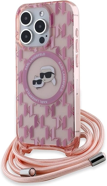 MagSafe hoes voor Apple iPhone 15 Pro Max, Karl Lagerfeld, IML Crossbody Monogram Karl & Choupette's Heads, Roze