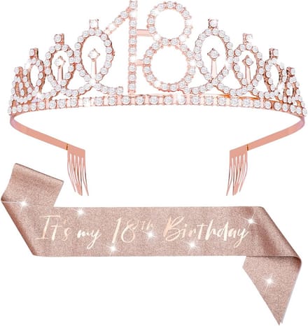 Sjerp en tiara voor 18e verjaardag - rosegoud verjaardagsdecoratie