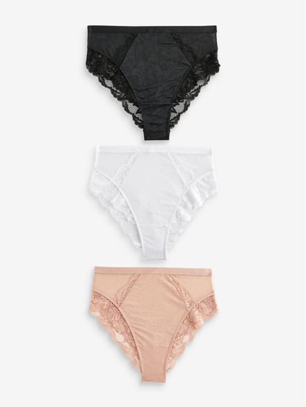 Next - Dames - Set van 3 hoog uitgesneden slips met kanten rand en hoge taille - Zwart