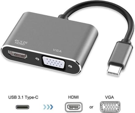 DrPhone CHX - 2 in 1 Adapter USB-C naar HDMI & VGA - 4k 3840*2160P / 30Hz - 2 Display Aansluiten - Space Grey