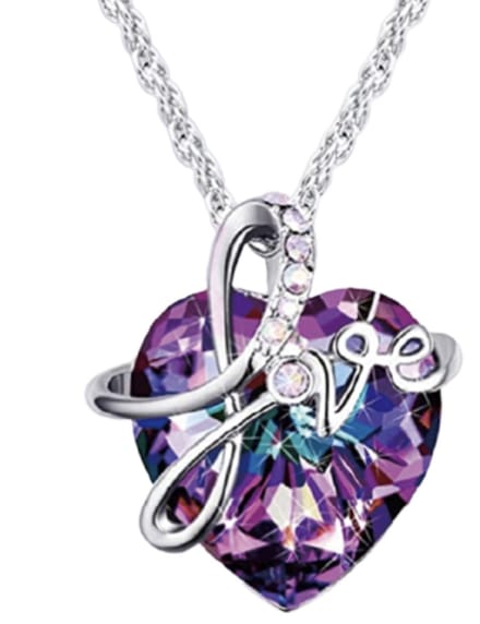 Ketting met hanger - Mooi paars hart met synthetische steen en de tekst LOVE