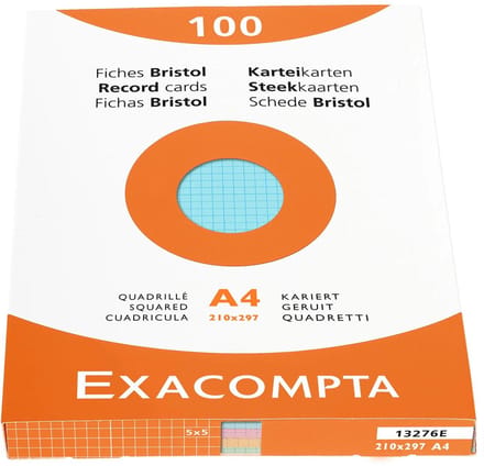 Exacompta etui 100 steekkaarten bristol geruit 5x5 niet geperforeerd 210x297mm - Geassorteerd - 13276E
