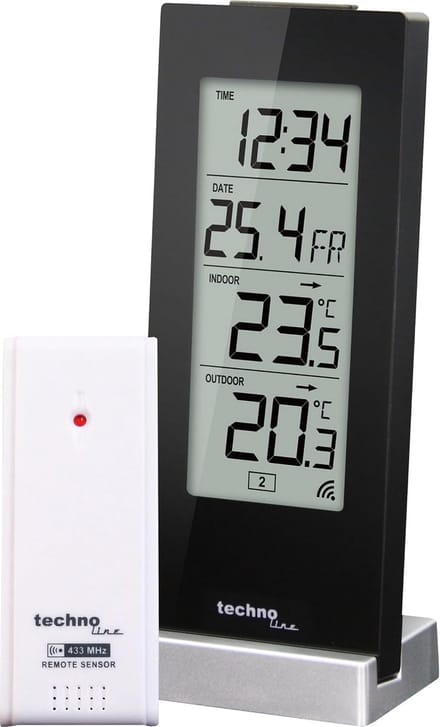 Temperatuurstation met binnen- en buitentemperatuurweergave en alarmfunctie