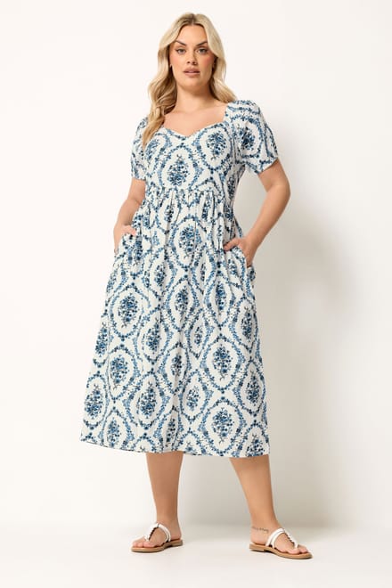 Yours Witte En Blauwe Midaxijurk Met Bloemenprint Size 44