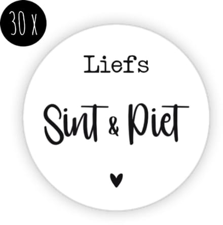 30x Sinterklaas Sticker | LIEFS SINT & PIET | Stickers / Cadeaustickers | 35 mm | wit & zwart