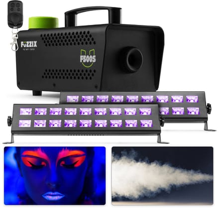 Blacklight party lights - BeamZ feestverlichting set - Met neon lampen en rookmachine - Kinderfeest