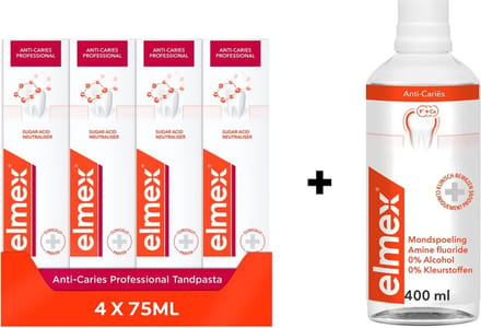 Elmex Tandpasta Anti-Cariës Professional 4 x 75 ml + Mondspoeling 250 ml