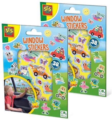 SES Raam/autoraam kinder stickers - 2 setjes - herbruikbaar - dieren en voertuigen
