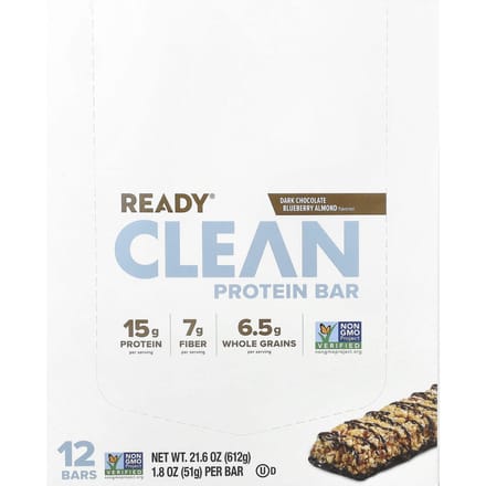Barre Protéinée Ready, Clean, Chocolat Noir Myrtille Amande, 12 Barres, 1,8 oz (51 g) Chaque