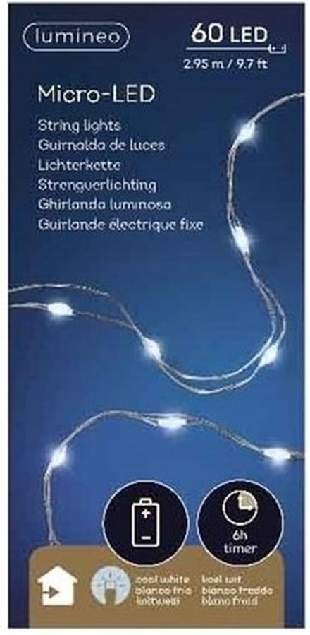 Micro Draadverlichting - 60 leds - timer - helder wit - 95 cm - kerstverlichting