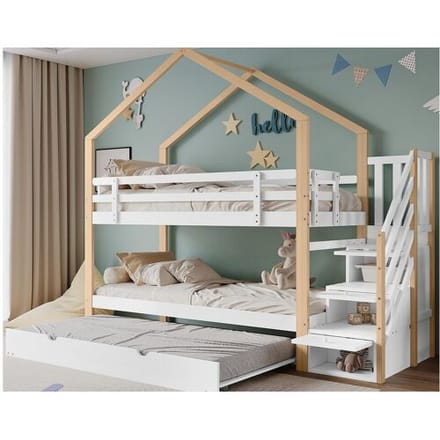 ModernLuxe Stapelbed 90x200cm + uitschuifbed 90x190cm - kinderhutbed met opbergtrap - massief hout - Wit