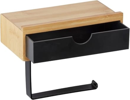 Toiletpapierhouder met plank en lade van bamboe, natuur/zwart