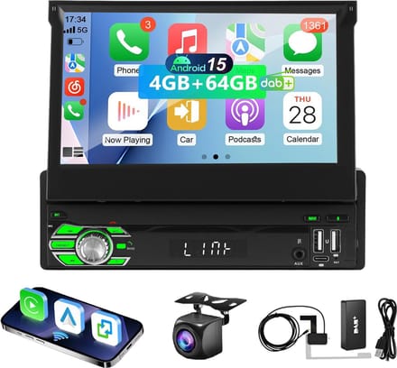 ESSGOO DAB+ autoradio 1 din - Android 15 - 4+64 GB - Apple CarPlay en Android Auto (draadloos) - 7 inch touchscreen handmatig opvouwbaar scherm