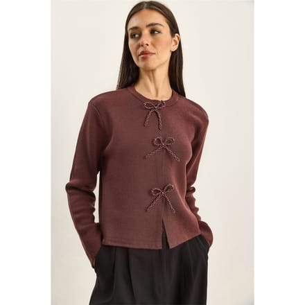 Kraagloze Gebreide Cardigan met Strikdetail