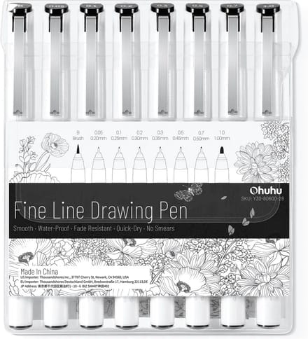 Ohuhu - Fineliner drawing pen - zwart - set van 8