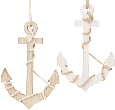 Maritiem houten anker om op te hangen wit naturel 13,5×20cm 2 st, 2 St