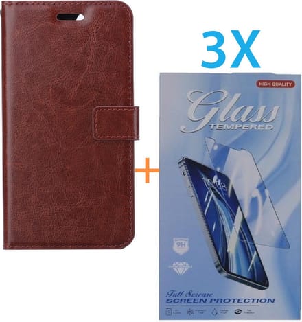 Bookcase Geschikt voor: Apple iPhone 14 Plus - Bruin - portemonnee hoesje - + 3X Tempered Glass Screenprotector
