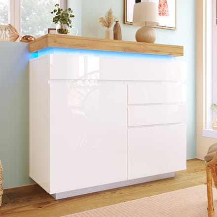 Sweiko Ladekast - Hoogglans dressoir - 2 deuren, 3 laden - LED verlichting - 115 x 110 x 39 cm - Wit