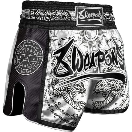 8 Weapons Muay Thai Short Carbon Sak Yant Tigers White maat XL